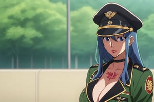 score_9, score_8_up, score_7_up, score_6_up, score_5_up, score_4_up, BREAK source_anime, 1girl, solo, mature female, aldult, blue eyes, blue hair, long hair, hat, peaked cap, cleavage, large breasts, military uniform, military, uniform, choker, chest tattoo, upper body, standing, outdoors, nature, oshi_no_ko_style