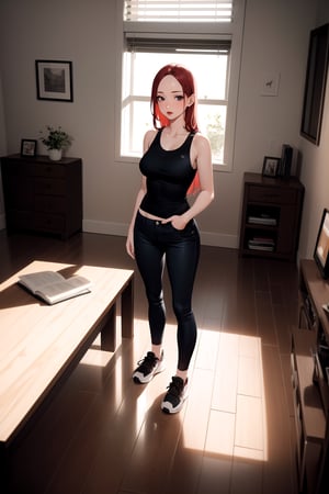 1girl, mature female, forehead, red hair, straight hair, long hair, black tank top, brown skinny pants, sneaker, standing, living room, indoor, [fisheye lens:: 1], masterpiece, best quality, absurdres, very aesthetic, newest, General