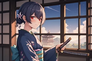 score_9, score_8_up, score_7_up, score_6_up, score_5_up, score_4_up, BREAK source_anime, 1girl, morino rinze, looking at viewer, single hair bun, hair flower, red eyes, blue kimono, floral print, long sleeves, katana, indoors, modern, window, night sky