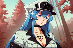 score_9, score_8_up, score_7_up, score_6_up, score_5_up, score_4_up, BREAK source_anime, 1girl, solo, esdeath, mature female, aldult, blue eyes, blue hair, long hair, hat, peaked cap, cleavage, large breasts, military uniform, military, uniform, choker, chest tattoo, upper body, standing, outdoors, oshi_no_ko_style