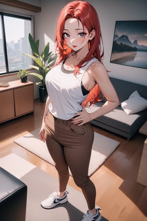 1girl, mature female, forehead, red hair, straight hair, long hair, black eyes, tank top, brown skinny pants, sneaker, standing, living room, indoor, [fisheye lens:: 1], masterpiece, best quality, absurdres, very aesthetic, newest, General