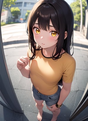 masterpiece, best quality, 1girl, (yellow shirt), flat chest, shorts