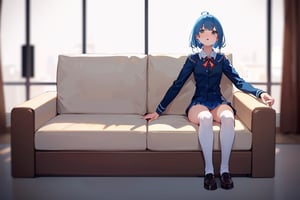 (masterpiece, best quality), highly detailed, highres, 1girl, blue hair, school uniform, sitting, couch, interior