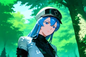 1girl, solo, ESDEATH, upper body, standing, outdoors, nature, trees, depth of field, best quality, amazing quality, very aesthetic, best details, highres, score_9, score_8, score_7