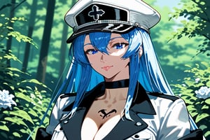 1girl, solo, mature female, aldult, blue eyes, blue hair, long hair, hat, peaked cap, cleavage, large breasts, military uniform, military, uniform, choker, chest tattoo, upper body, standing, outdoors, nature, ESDEATH, depth of field, best quality, amazing quality, very aesthetic, best details, highres, score_9, score_8, score_7