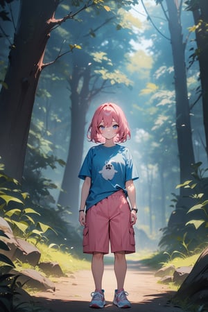 [1girl: 3], [pale: 3], [pink hair: 3], [short hair: 3], [hair between eyes: 3], [blue shirt: 3], [turtleneck: 3][short sleeve: 3], [pink shorts: 3], [sneakers: 3], standing, outside, forest, from front, masterpiece, best quality, absurdres, very aesthetic, newest, General