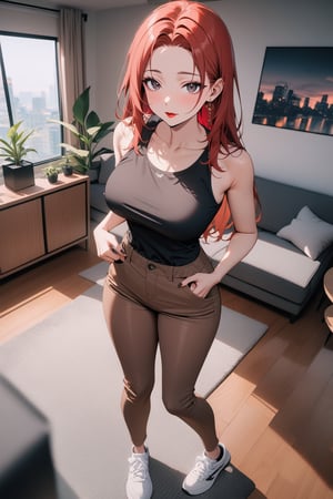 1girl, mature female, forehead, red hair, straight hair, long hair, black eyes, black tank top, brown skinny pants, sneaker, standing, living room, indoor, [fisheye lens:: 1], masterpiece, best quality, absurdres, very aesthetic, newest, General