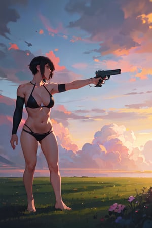 masterpiece, best quality, highly detailed, highres, 1girl, short hair, standing, gun, BREAK outdoor, grass, tress, nature