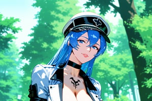 1girl, solo, mature female, aldult, blue eyes, blue hair, long hair, hat, peaked cap, cleavage, large breasts, military uniform, military, uniform, choker, chest tattoo, upper body, standing, outdoors, nature, trees, ESDEATH, depth of field, best quality, amazing quality, very aesthetic, best details, highres, score_9, score_8, score_7