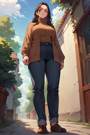 score_9,score_8_up,score_7_up,score_6_up, 1girl, mature female, black hair, long hair, straight hair, forehead, brown eyes, turtleneck sweater, pants, shoes, standing, outside, from below