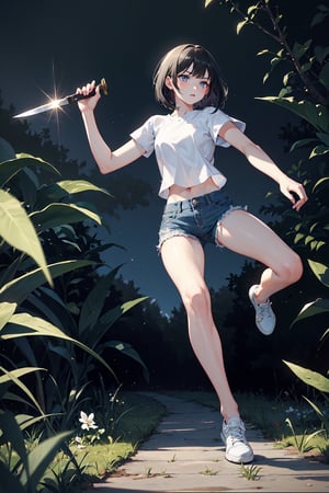 1girl, slim, black hair, bob cut, bangs, blue eyes, white shirt, short sleeve, holding one knife, blue denim short, white shoes, standing, grassfield, dark, night sky