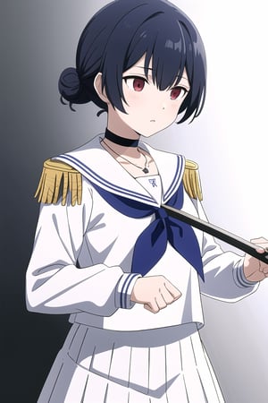 masterpiece, best quality, highres, ggrinze, short hair, single hair bun,  black choker, necklace, white serafuku, white sailor collar, blue neckerchief, epaulettes, white shirt, long sleeves, pleated skirt, white skirt, holding, katana, abrstact_background