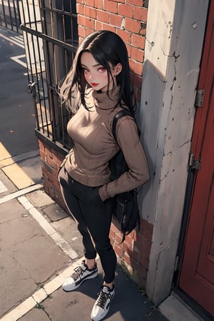 masterpiece, best quality, 1girl, mature female, black hair, long hair, straight hair, forehead, brown eyes, turtleneck sweater, pants, shoes, standing, outside, from above