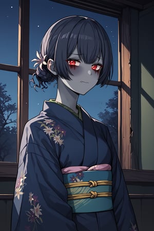 score_9, score_8_up, score_7_up, score_6_up, score_5_up, score_4_up, BREAK source_anime, 1girl, zombie, morino rinze, looking at viewer, single hair bun, hair flower, red eyes, blue kimono, floral print, long sleeves, indoors, modern, window, night sky, sinozick style, flat color, dark theme