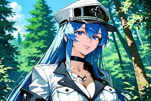 1girl, solo, mature female, aldult, blue eyes, blue hair, long hair, hat, peaked cap, cleavage, large breasts, military uniform, military, uniform, choker, chest tattoo, upper body, standing, outdoors, nature, trees, ESDEATH, depth of field, best quality, amazing quality, very aesthetic, best details, highres, score_9, score_8, score_7