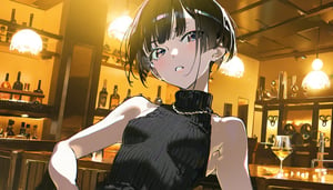 amazing quality, extremely detailed, beautiful color, aesthetic, (by yoneyama mai:0.6), high contrast, chromatic aberration, 1girl, solo, upper body, (very short:0.85) black hair, bangs, black sweater, standing, small breasts, sleeveless, pants, aesthetic, relaxing theme, luxurious and dazzling, tavern, perspective