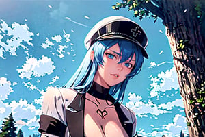 masterpiece, best quality, 1girl, solo, mature female, aldult, blue eyes, blue hair, long hair, hat, peaked cap, cleavage, large breasts, military uniform, military, uniform, choker, chest tattoo, upper body, standing, outdoors, nature, trees, esdeath,witcher