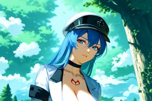1girl, solo, mature female, aldult, blue eyes, blue hair, long hair, hat, peaked cap, cleavage, large breasts, military uniform, military, uniform, choker, chest tattoo, upper body, standing, outdoors, nature, trees, ESDEATH, depth of field, best quality, amazing quality, very aesthetic, best details, highres, score_9, score_8, score_7