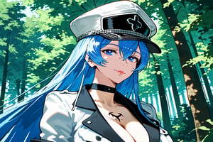 1girl, solo, mature female, aldult, blue eyes, blue hair, long hair, hat, peaked cap, cleavage, large breasts, military uniform, military, uniform, choker, chest tattoo, upper body, standing, outdoors, nature, trees, ESDEATH, depth of field, best quality, amazing quality, very aesthetic, best details, highres, score_9, score_8, score_7