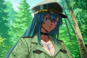 score_9, score_8_up, score_7_up, score_6_up, score_5_up, score_4_up, BREAK source_anime, 1girl, solo, mature female, aldult, blue eyes, blue hair, long hair, hat, peaked cap, cleavage, large breasts, military uniform, military, uniform, choker, chest tattoo, upper body, standing, outdoors, nature, oshi_no_ko_style