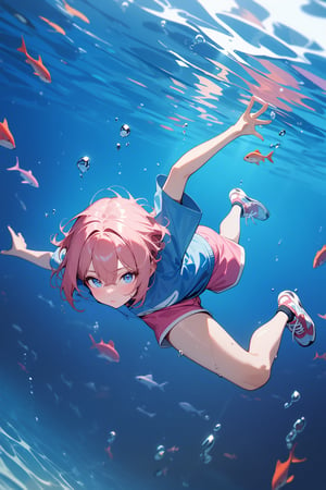 [1girl: 3], [pale: 3], [pink hair: 3], [short hair: 3], [hair between eyes: 3], [blue shirt: 3], [short sleeve: 3], [pink shorts: 3], [sneakers: 3], swimming, underwater, from above, masterpiece, best quality, absurdres, very aesthetic, newest, General
