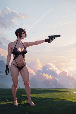 masterpiece, best quality, highly detailed, highres, 1girl, short hair, standing, gun, BREAK outdoor, grass, nature