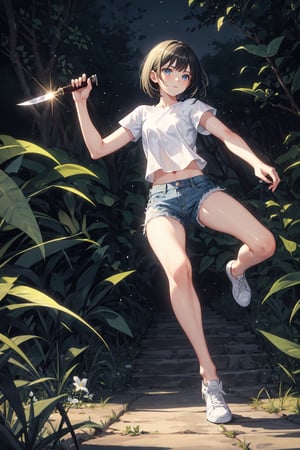 1girl, slim, black hair, bob cut, bangs, blue eyes, white shirt, short sleeve, holding one knife, blue denim short, white shoes, standing, grassfield, dark, night sky