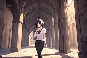 (masterpiece), best quality, castle, indoor, 1girl, standing, brown eyes, black hair, short hair, shirt, short sleeve, skinny pants