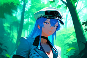 1girl, solo, Esdeath, upper body, standing, outdoors, nature, cenimatic lighting, depth of field, best quality, amazing quality, very aesthetic, best details, highres, score_9, score_8, score_7