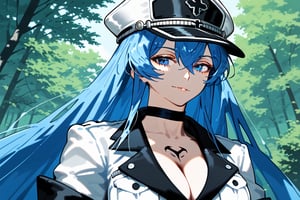 1girl, solo, mature female, aldult, blue eyes, blue hair, long hair, hat, peaked cap, cleavage, large breasts, military uniform, military, uniform, choker, chest tattoo, upper body, standing, outdoors, nature, trees, ESDEATH, depth of field, best quality, amazing quality, very aesthetic, best details, highres, score_9, score_8, score_7