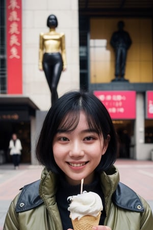 Realism,beautiful asian girl  eating icecream with a big smile,short hair,high quality,ultra realistic, Standing in front of the Bruce Lee sculpture in Hong Kong,Eyebrow bangs and short black hair,look at the camera,wearing a poncho oversized puffer jacket, inspired by OffWhite, tumblr, inspired by Yanjun Cheng style, digital art, lofi girl internet meme, trending on dezeen, catalog photo, 3 d render beeple, rhads and lois van baarle, bright pastel colors, a beautiful artwork illustration, retro anime girl 