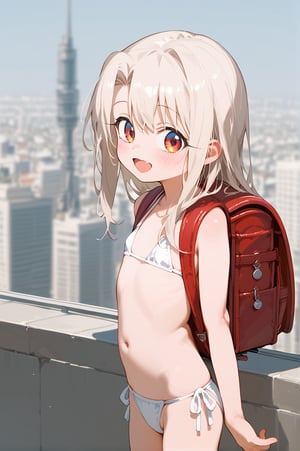 (score_9, score_8_up, score_7_up) ,((randoseru,red  backpack))(child,loli )) 1girl, solo, long hair, score_9_up,score_8_up, source_anime,solo,1girl,big eyes ,,flat chest,skinny, ((Illyasviel Von Einzbern))  ,, open_mouth smile ,blush , white microbikini, ,city