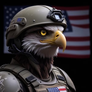 Closeup  portrait Photo of an eagle soldier wearing army helmet, night vision , robotic parts, detailed robotic led light eyes, natural light, American flag,<lora:659095807385103906:1.0>