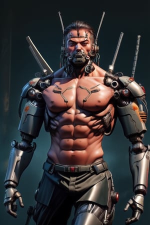 shirtless warrior, cybernetic, black body armour,Mecha body, samurai