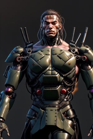 shirtless warrior, cybernetic, black body armour,Mecha body, samurai