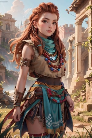best quality, 1girl, solo, AloyHorizon, orange hair, long hair, hair over shoulders,multiple braids, hair beads, hair ornament, feather, (freckles:0.6), green eyes, cute, smile, upper body, tribal clothes, skirt, thighhighs, bracers, necklace, blue scarf, beads, looking at viewer, close-up, portrait, detailed hair, highres,  tall grass tech ruins scenery, perfect, sharp, masterpiece, detailed, high resolution, best quality, high key lighting,bright lighting,