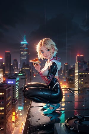 Best quality, masterpiece, gwenstacy, blonde hair, short hair, asymmetrical hair, blue eyes, hooded bodysuit, spider web print, offering pizza, teal ballet slippers, sitting on ledge, legs dangling off ledge, from side, full body, ((rain, night, wet, outdoors, skin tight, wet hair, wet clothes)), wide_shot, (nyc building rooftop, aerial view of city, sitting high up on skyscraper ledge, up high), (nyc skyscraper:1.3), squatting on skyscraper ledge, nyc scenery, full body, face in focus, (holding, pizza slice, outdoors, (transparent_clothing, nipples:0.4), looking at viewer,(close-up), ((breasts out)), (large breasts:0.8), (medium breasts), (smile, happy), depth of field, high key lighting, glistening, 3d cartoon,add_detail:0.5,Neon Light,comicstyle