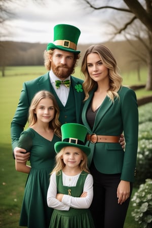 ((masterpiece)),((best quality)),((high detail)),((realistic,)).(((sharp focus))), ((sharp professional photo)),((wide angle shot ) ),A Celtic family of dad, mom and their two children, realistically portrayed, ((defined, clear faces)), ((full body and focused face)), green high top hat with gold buckle, green Celtic clothing with gold, defined teeth, defined lips, detailed hands and fingers, sharp eyes, participate in a captivating interaction ((celebrating St. Patrick's Day)),(( four-leaf clover decorations)), which takes place in a vibrant Celtic landscape, during the bright hours of the day. The scene is meticulously rendered in high resolution, highlighting the finest details. Captured in a majestic style, the composition features a wide shot that beautifully encompasses the natural play of light, adding a touch of authenticity to the moment. (natural light), ((high depth of field)), 8k, 4K, HDR.(((perfect image))), sharp and detailed eyes, natural beauty, high depth of field, 8k, 4K, HDR. high image quality, (((winning photo))). 8k UHD, DSLR, photorealistic, masterpiece, best quality , depth field, edge light, ((film photography)), ((focus on it)), high quality, film grain, Fujifilm XT3, HD, clear,rebhanna