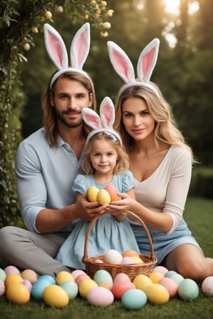 ((masterpiece)),((best quality)),((high detail)),((realistic,)).(((sharp focus))), ((sharp professional photo)),((wide angle shot ) ),A family of dad, mom and their two children, realistically portrayed, ((defined, sharp faces)), ((full body and focused face)), headband with rabbit ears, defined teeth, defined lips, They participate in a captivating interaction ((celebrating Easter)),(( collecting colorful Easter eggs)), in a garden, which takes place in a vibrant rural landscape during the bright hours of the day. The scene is meticulously rendered in high resolution, highlighting the finest details. Captured in a majestic style, the composition features a wide shot that beautifully encompasses the natural play of light, adding a touch of authenticity to the moment. (natural light), ((high depth of field)), 8k, 4K, HDR.(((perfect image))), sharp and detailed eyes, natural beauty, high depth of field, 8k, 4K, HDR. high image quality, (((winning photo))). 8k UHD, DSLR, photorealistic, masterpiece, best quality, depth field, edge light, ((film photography)), ((focus on it)), high quality, film grain, Fujifilm XT3, HD, clear , rebhanna