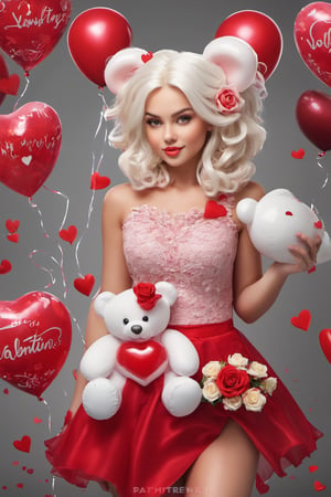 showing a balloon with 3D Text ""be my Valentine"" Beautiful blonde model girl with beautiful body, sensual clothes, perfect skin, carrying a white teddy bear, celebrating Valentine's Day, 3D red hearts, big colored roses dark red and a large luminous glass heart with colorful roses, watercolor, Art Station Trend, sharp focus, studio photography, intricate details, highly detailed.