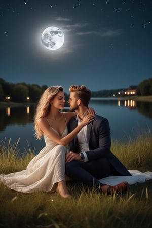 ((masterpiece)),((best quality)),((high detail)),((realistic,)).(((sharp focus))), ((sharp professional photo)),((wide angle shot ) ), Imagine a captivating scene on the shore of a lake, ((where a couple in love)), ((sitting on the grass)), watching the stars in the sky, ((illuminated by the light of a large full moon ) ) ), she sensual. ((leaning on his shoulder)), ((look in love holding hands)), perfectly detailed bodies, ((elegantly dressed)), her face shows a natural beauty, ((super detailed and sharply defined faces)), with super clear details and a smile that makes her give a touch of flirtation. The semi-dark background highlights the figure of both thanks to strategic shadows. The scene takes place on a lake in a park, (((bright full moon night starry sky background)), with soft lighting creating an intriguing atmosphere. (((perfect full body image in the frame)) ), sharp and detailed, sharp eyes, super detailed lips, detailed hands, perfect fingers, natural beauty, great depth of field, 8k, 4K, HDR. high image quality, (((winning photo))). 8k UHD, DSLR, photorealistic, masterpiece, best quality, depth of field, edge light, ((film photography)), ((focus on it)), high quality, film grain, Fujifilm XT3, HD, clear, rebhanna