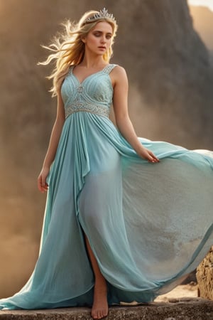 masterpiece, best quality, photorealistic, ultra detailed, fine details, high resolution, 8k wallpaper, professional, high level of detail, (focused sharp piece, (((full figure visible full body greek goddess))), blonde hair, large depth of field, full body photo (beautiful goddess from Greek mythology), fantasy landscape ))), soft colors, ((( lace mesh, exotic dress, intricately celestial, (fitted to her body) , (showing the beauty of her body), crown, bracelets, (beautiful face), (detailed eyes), detailed luscious lips, perfect hands, detailed fingers, defined nails), (real skin texture), (perfect teeth), (in a temple of worship), with incense, smoke, worshiping the sun, bright and realistic sunlight, sun glare, soft and hyper detailed green and blue colors (8k, 4k quality, art teacher), cinematic (best quality) , (realistic skin texture), beautiful goddess face, detailed lips, sharp eyes, perfect body,