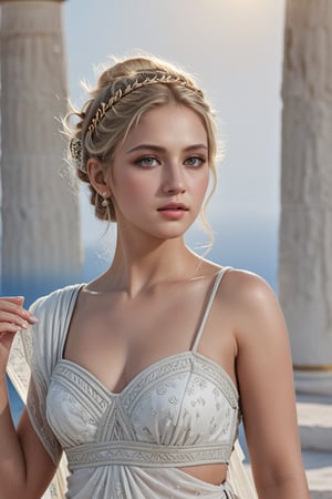 masterpiece, best quality, photorealistic, ultra detailed, fine details, high resolution, 8k wallpaper, professional, high level of detail, (focused sharp piece, (((full figure visible full body greek goddess))), blonde hair, large depth of field, (beautiful goddess from Greek mythology), fantasy landscape ))), soft colors, ((( lace mesh, exotic dress, intricately celestial, (fitted to her body), (showing the beauty of her body), crown, bangles, (beautiful face), (detailed eyes), detailed luscious lips, perfect hands, detailed fingers, defined nails), (real skin texture), (perfect teeth), (in a temple of adoration), with incense, smoke, worshiping the sun, bright and realistic sunlight, sun glare, soft and hyper detailed green and blue colors (8k, 4k quality, art teacher), cinematic (best quality), (texture of realistic skin), beautiful goddess face, detailed lips, sharp eyes, perfect body,photo r3al,(PnMakeEnh)