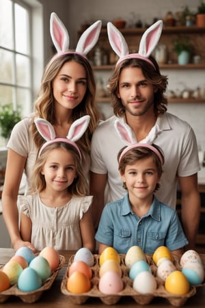 ((masterpiece)),((best quality)),((high detail)),((realistic,)).(((sharp focus))), ((sharp professional photo)),((wide angle shot ) ),A family of dad, mom and their two children, realistically portrayed, ((defined, sharp faces)), ((full body and focused face)), headband with rabbit ears, defined teeth, defined lips, They participate in a captivating interaction ((celebrating Easter)),(( collecting colorful Easter eggs)), which takes place in a vibrant rural landscape during the bright hours of the day. The scene is meticulously rendered in high resolution, highlighting the finest details. Captured in a majestic style, the composition features a wide shot that beautifully encompasses the natural play of light, adding a touch of authenticity to the moment. (natural light), ((high depth of field)), 8k, 4K, HDR.(((perfect image))), sharp and detailed eyes, natural beauty, high depth of field, 8k, 4K, HDR. high image quality, (((winning photo))). 8k UHD, DSLR, photorealistic, masterpiece, best quality, depth field, edge light, ((film photography)), ((focus on it)), high quality, film grain, Fujifilm XT3, HD, clear , rebhanna