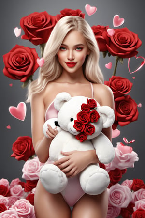 Text ""be my Valentine"" Beautiful blonde model girl with beautiful body, sensual clothes, perfect skin, carrying a white teddy bear, red 3D hearts, large dark red roses and a large luminous glass heart with colorful roses, watercolor, Art Station trend, sharp focus, studio photography, intricate details, highly detailed. HD 3d rendering, poster, typography, illustration, 3d rendering, 3d rendering, poster, typography, illustration, photo
