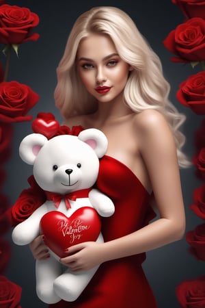 Text ""2024 be my Valentine"" Beautiful blonde model girl with beautiful body in sensual clothes carrying a white teddy bear, red 3D hearts, large dark red roses and a large luminous glass heart with colorful roses, watercolor, trend Art Station, sharp focus, studio photography, intricate details, highly detailed. HD 3d rendering, poster, typography, illustration, 3d rendering, 3d rendering, poster, typography, illustration, photo