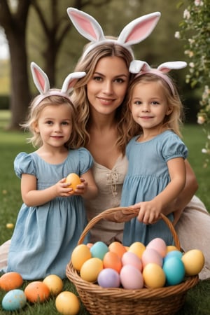 ((masterpiece)),((best quality)),((high detail)),((realistic,)).(((sharp focus))), ((sharp professional photo)),((wide angle shot ) ),A family of dad, mom and their two children, realistically portrayed, ((defined, sharp faces)), ((full body and focused face)), headband with rabbit ears, defined teeth, defined lips, They participate in a captivating interaction ((celebrating Easter)),(( collecting colorful Easter eggs)), in a garden, which takes place in a vibrant rural landscape during the bright hours of the day. The scene is meticulously rendered in high resolution, highlighting the finest details. Captured in a majestic style, the composition features a wide shot that beautifully encompasses the natural play of light, adding a touch of authenticity to the moment. (natural light), ((high depth of field)), 8k, 4K, HDR.(((perfect image))), sharp and detailed eyes, natural beauty, high depth of field, 8k, 4K, HDR. high image quality, (((winning photo))). 8k UHD, DSLR, photorealistic, masterpiece, best quality, depth field, edge light, ((film photography)), ((focus on it)), high quality, film grain, Fujifilm XT3, HD, clear , rebhanna