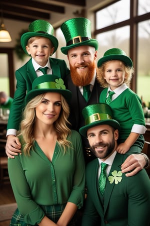 ((masterpiece)),((best quality)),((high detail)),((realistic,)).(((sharp focus))), ((sharp professional photo)),((wide angle shot ) ), Celtic family of dad, mom and their two children, realistic professional photography, (((celebrating St. Patrick's Day))), ((clear and defined faces)), ((full body and face in focus) ), green top hat, with gold buckle, green Celtic clothing with gold, defined teeth, defined lips, detailed hands and fingers, sharp eyes, ((scene with four-leaf clover vegetation)), which takes place in an environment Vibrant Celtic landscape, during the day. The scene is meticulously rendered in high resolution, highlighting the finest details. Captured in a majestic style, the composition features a wide shot that beautifully encompasses the natural play of light, adding a touch of authenticity to the moment. (natural light), ((high depth of field)), 8k, 4K, HDR.(((perfect image))), sharp and detailed eyes, natural beauty, high depth of field, 8k, 4K, HDR. high image quality, (((winning photo))). 8k UHD, DSLR, photorealistic, masterpiece, best quality, depth field, edge light, ((film photography)), ((focus on it)), high quality, film grain, Fujifilm XT3, HD, clear , rebhanna