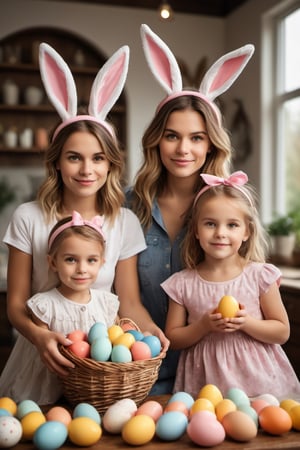((masterpiece)),((best quality)),((high detail)),((realistic,)).(((sharp focus))), ((sharp professional photo)),((wide angle shot ) ),A family of dad, mom and their two children, realistically portrayed, ((defined, sharp faces)), ((full body and focused face)), headband with rabbit ears, defined teeth, defined lips, They participate in a captivating interaction ((celebrating Easter)),(( collecting colorful Easter eggs)), which takes place in a vibrant rural landscape during the bright hours of the day. The scene is meticulously rendered in high resolution, highlighting the finest details. Captured in a majestic style, the composition features a wide shot that beautifully encompasses the natural play of light, adding a touch of authenticity to the moment. (natural light), ((high depth of field)), 8k, 4K, HDR.(((perfect image))), sharp and detailed eyes, natural beauty, high depth of field, 8k, 4K, HDR. high image quality, (((winning photo))). 8k UHD, DSLR, photorealistic, masterpiece, best quality, depth field, edge light, ((film photography)), ((focus on it)), high quality, film grain, Fujifilm XT3, HD, clear , rebhanna