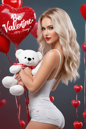 showing a balloon with 3D Text ""be my Valentine"" Beautiful blonde model girl with beautiful body, sensual clothes, perfect skin, carrying a white teddy bear, celebrating Valentine's Day, 3D red hearts, big colored roses dark red and a large luminous glass heart with colorful roses, watercolor, Art Station Trend, sharp focus, studio photography, intricate details, highly detailed.